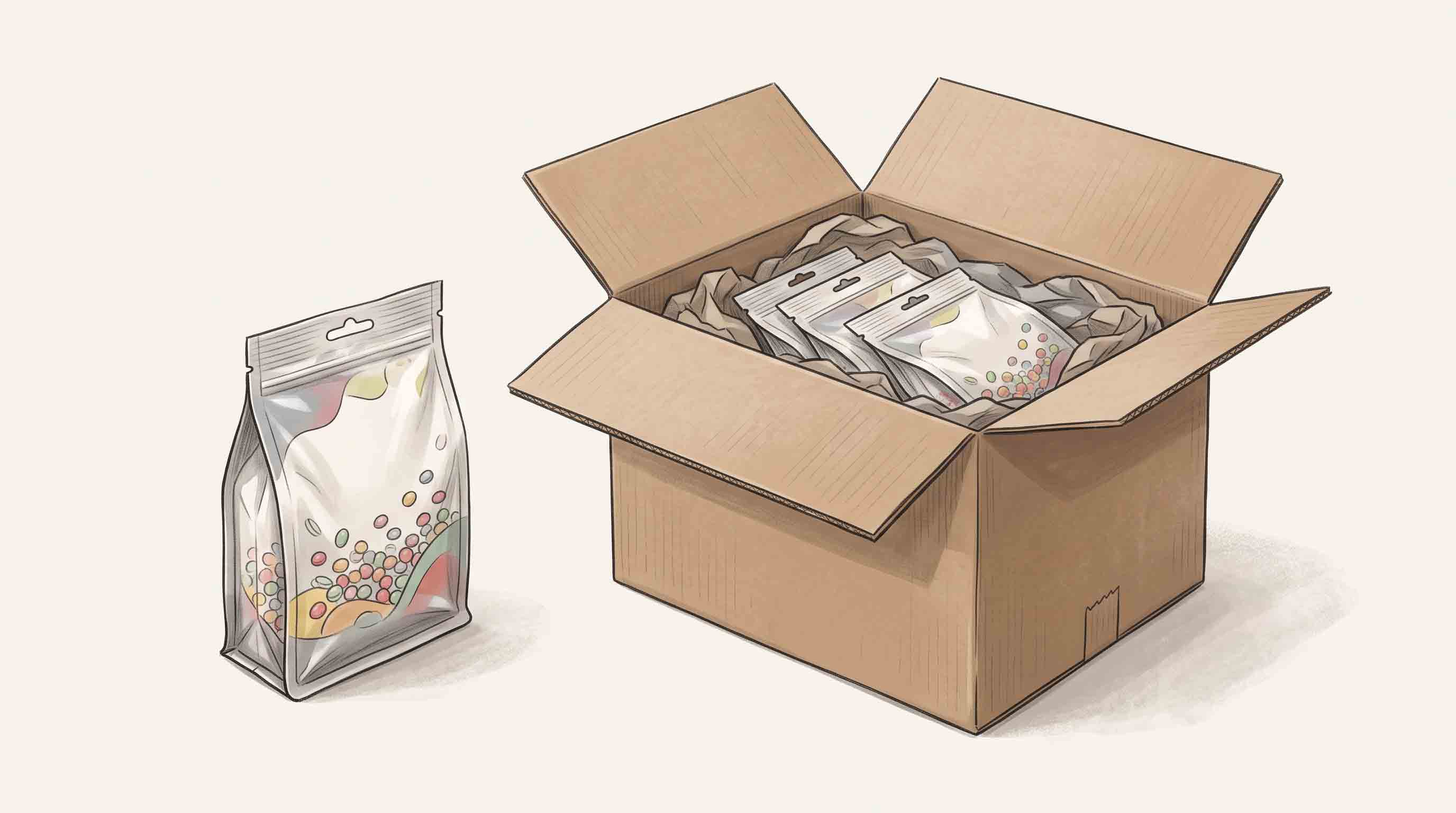 Illustrative retail candy pouch beside an outer shipping carton containing matching pouches.
