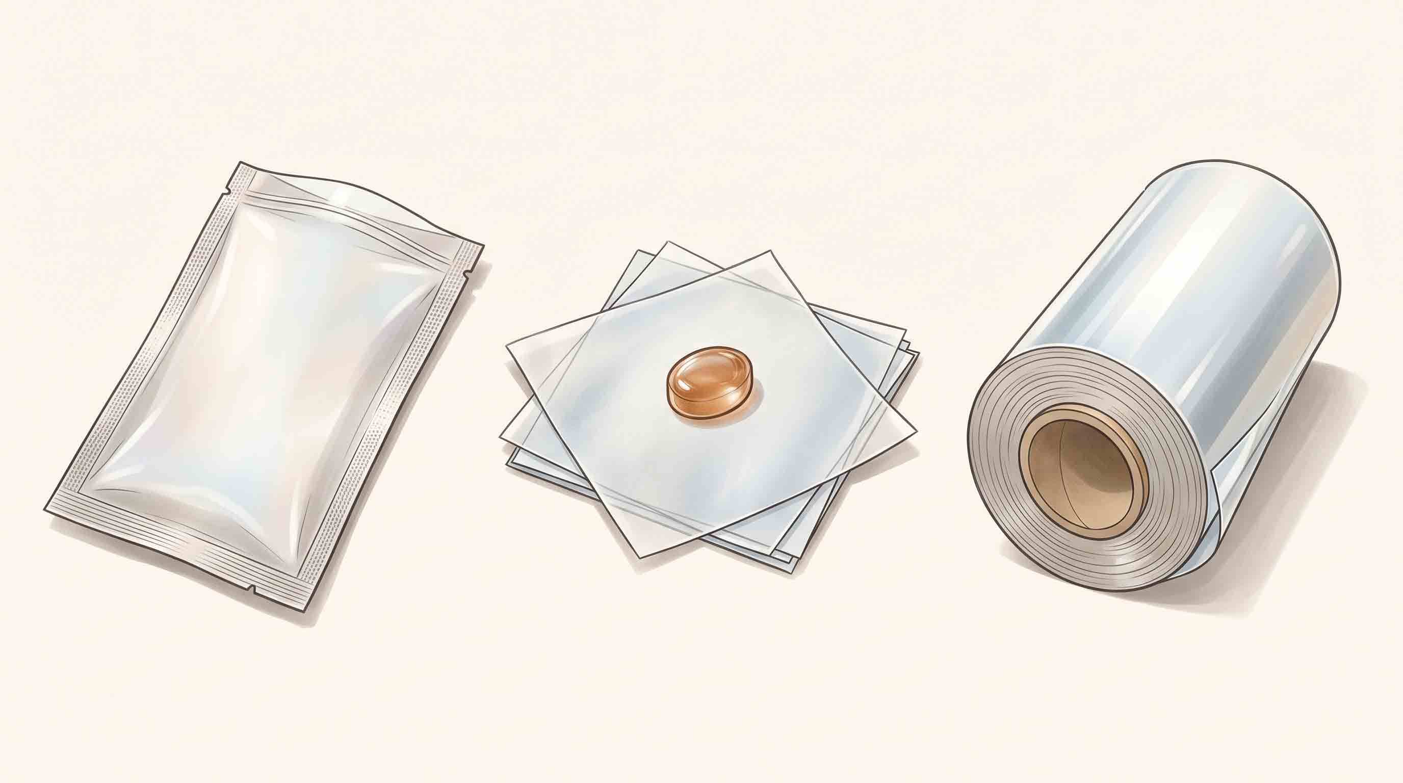 Illustrative comparison of an empty pouch, wrapper sheets, and rollstock.