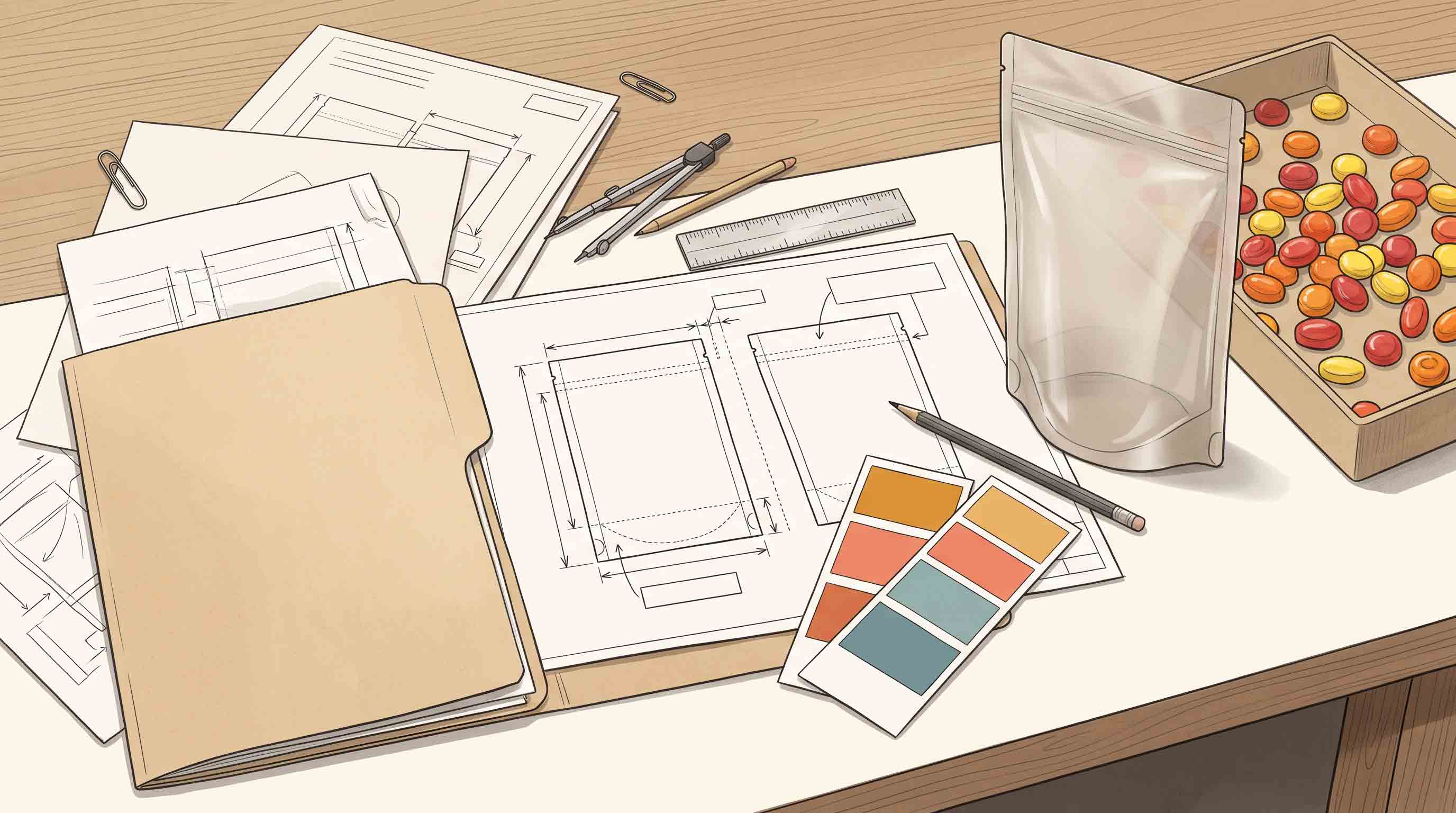 Illustrative inquiry kit with an empty pouch, product reference, drawing, and color options.