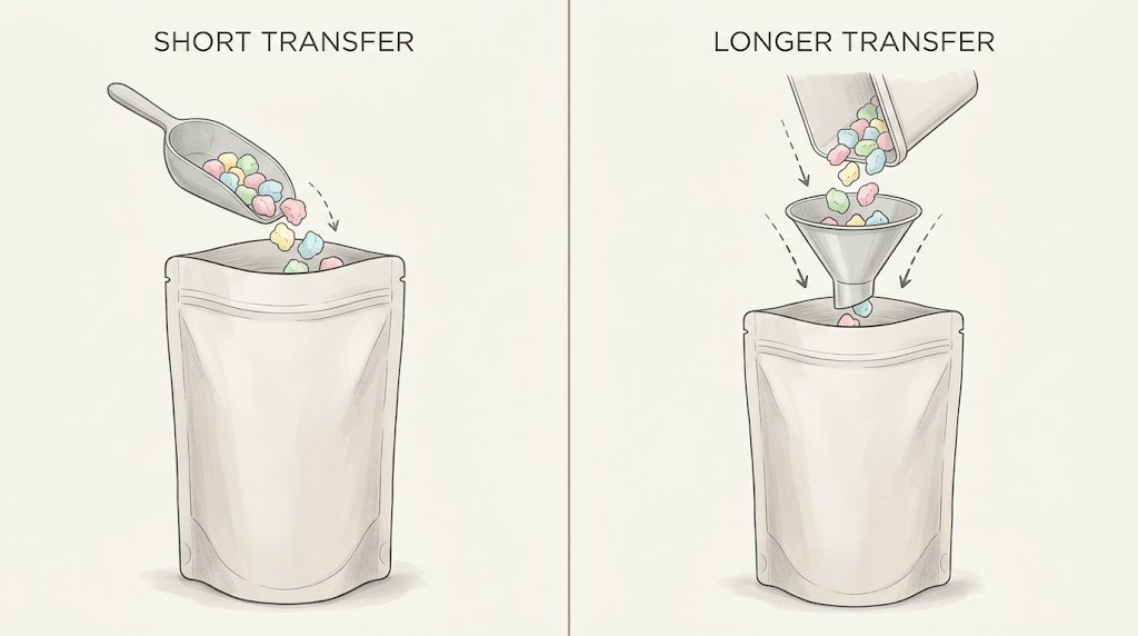 Illustrative comparison of short and longer transfer paths for freeze-dried candy.