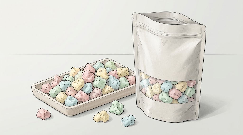 Illustrative freeze-dried candy pieces beside an unbranded open pouch.