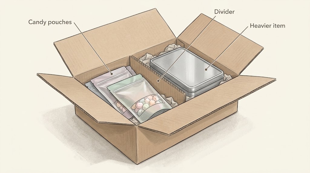 Illustrative mixed-order carton with candy pouches separated from a heavier item.