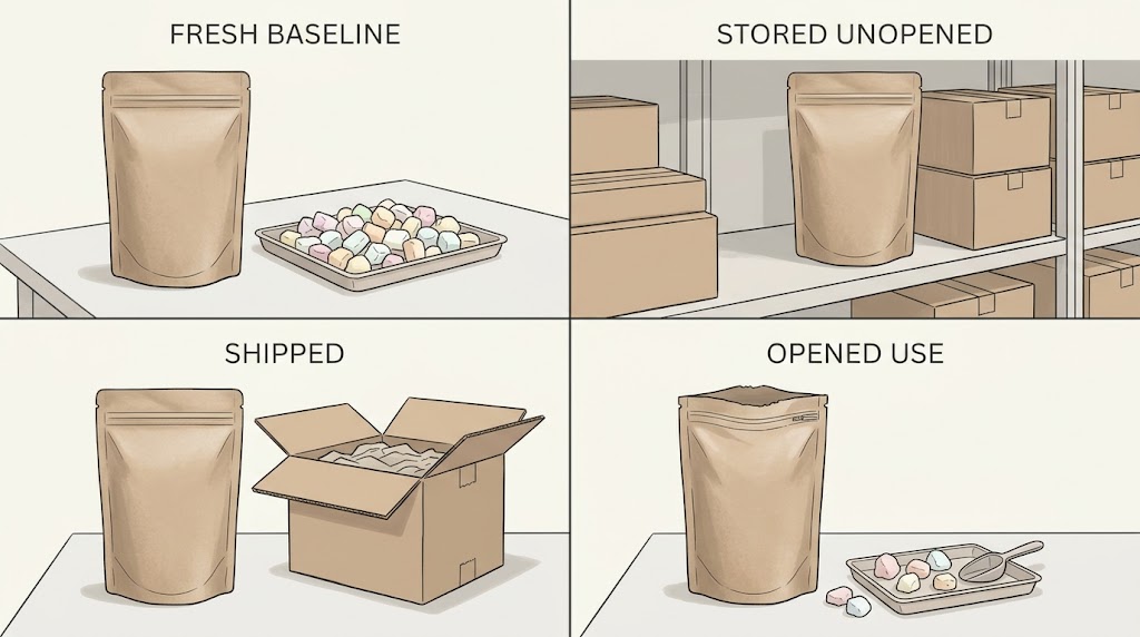Illustrative four-group layout for freeze-dried candy packaging observations.