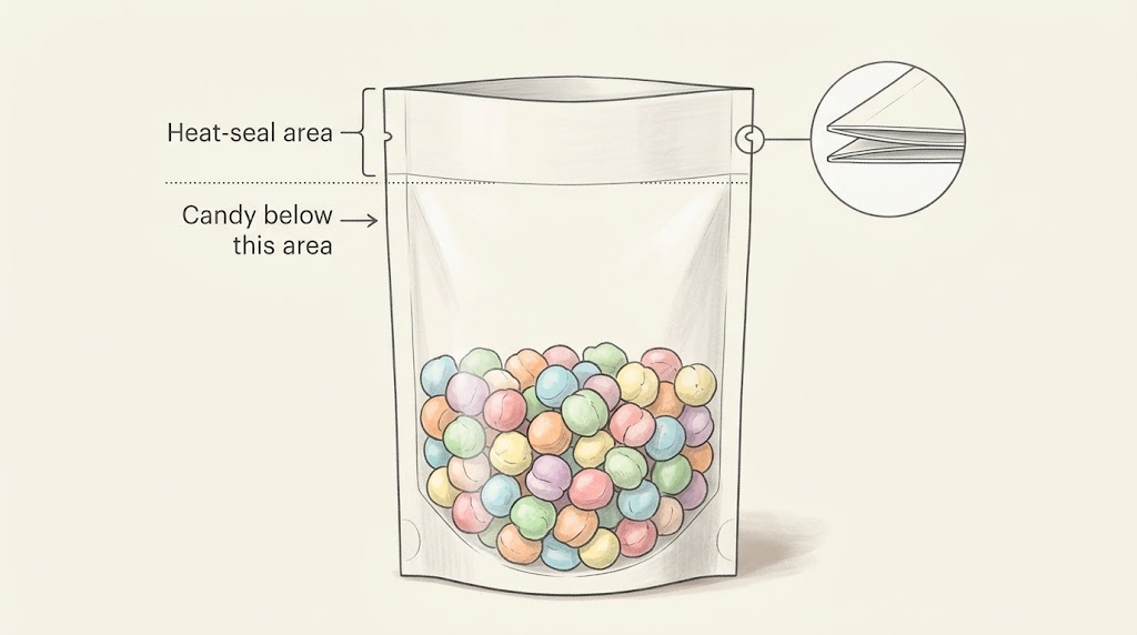Illustrative pouch layout showing candy below a clean heat-seal area.