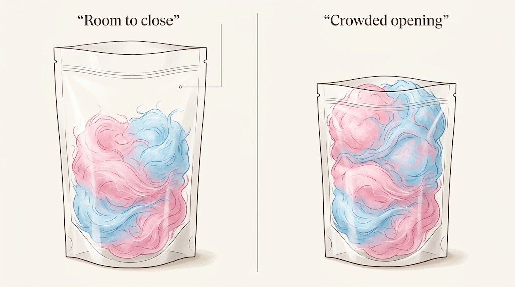 Illustrative comparison of cotton-candy bags with closure room and crowded openings.