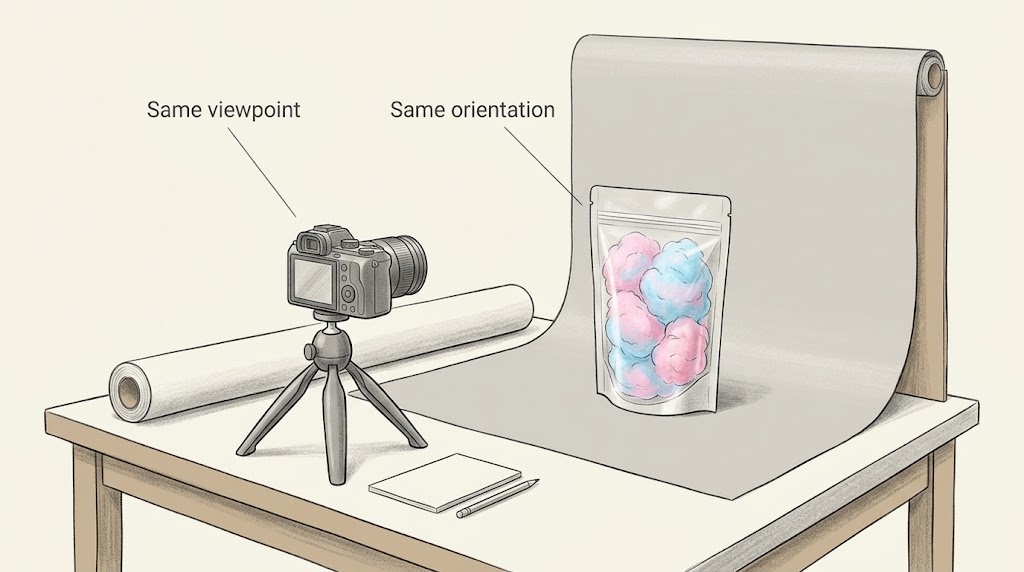Illustrative fixed-view photography setup for a cotton-candy package.