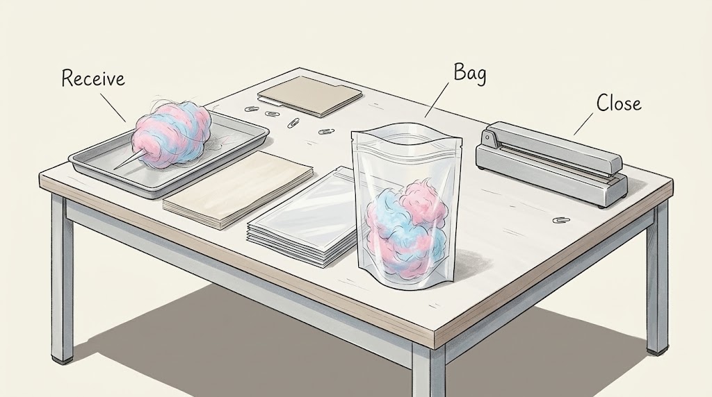Illustrative cotton-candy packing workstation with bags and a tabletop sealer.