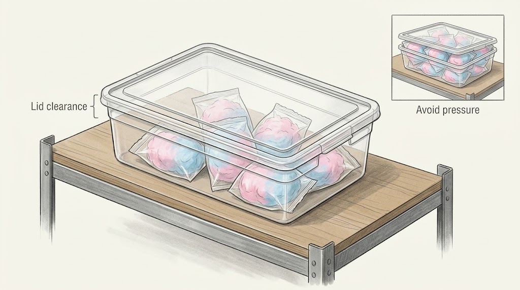 Illustrative storage tote with cotton-candy bags and lid clearance.