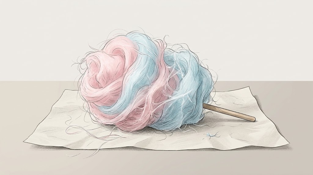 Illustrative close view of airy spun cotton candy strands.