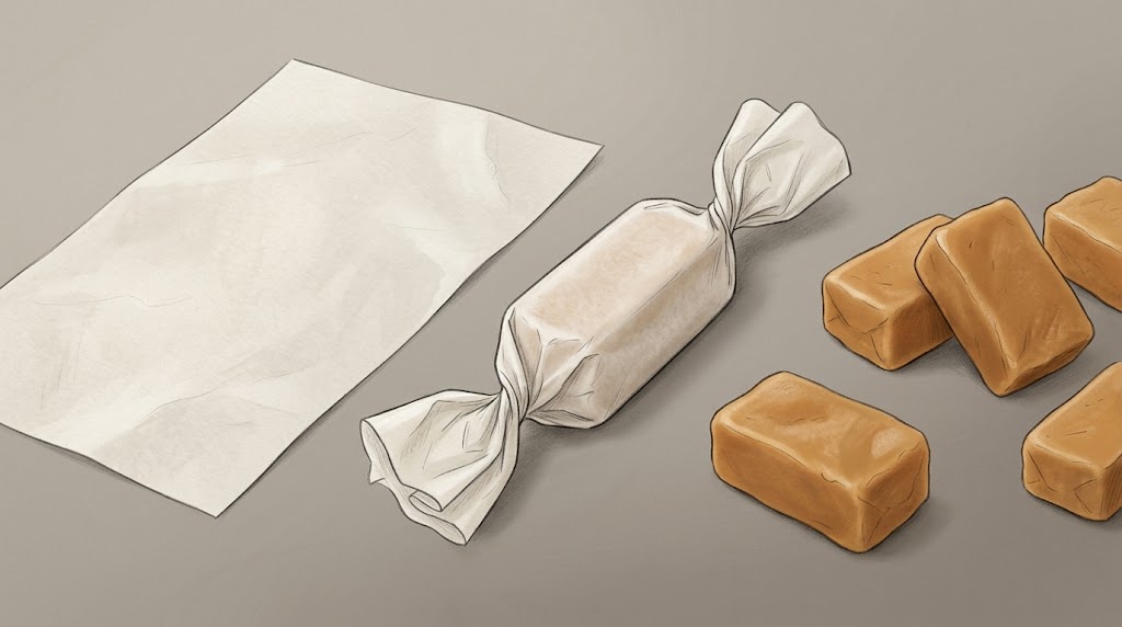 Illustrative soft caramel pieces beside an individual wrapper and unused sheet.