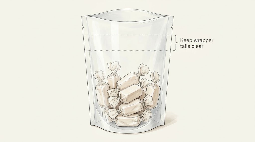 Illustrative pouch with wrapped caramels below a clear upper sealing area.