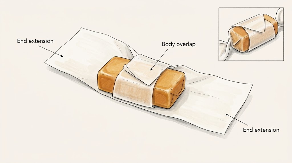 Illustrative caramel wrapper showing body overlap and end extension.