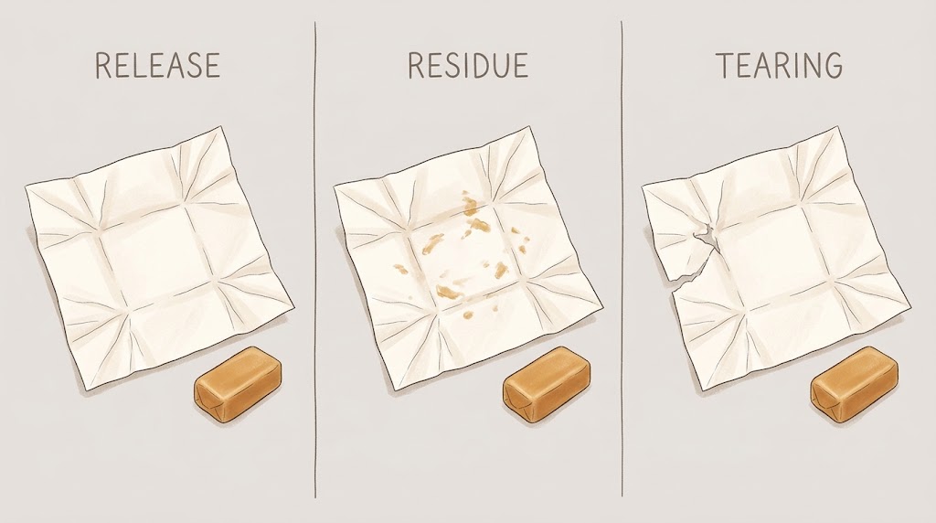 Illustrative wrapper observations for release, residue, and tearing.