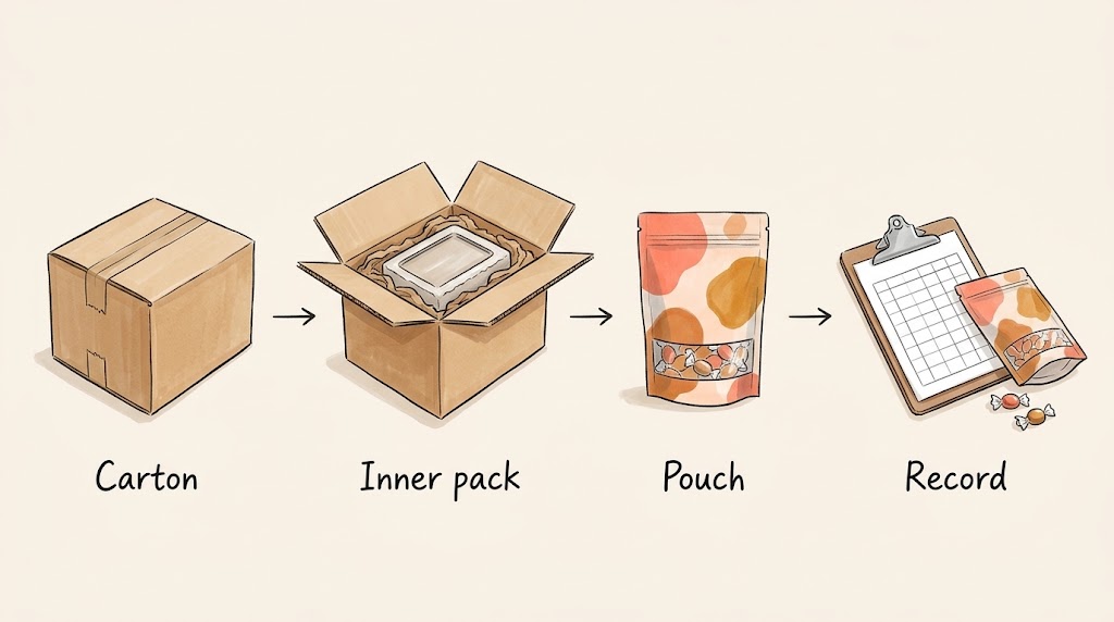 Illustrative sequence for inspecting a candy parcel on arrival.