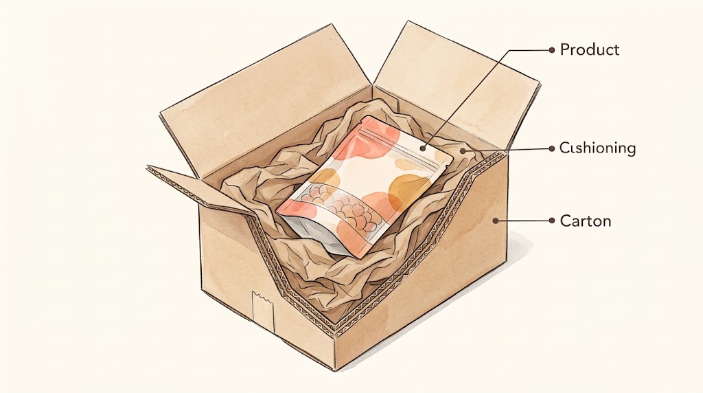 Illustrative carton cutaway showing product, cushioning, and carton space.