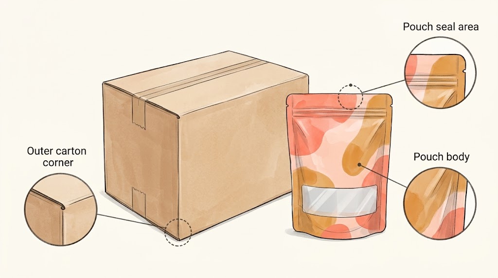Illustrative candy-shipping review areas on a carton and pouch.