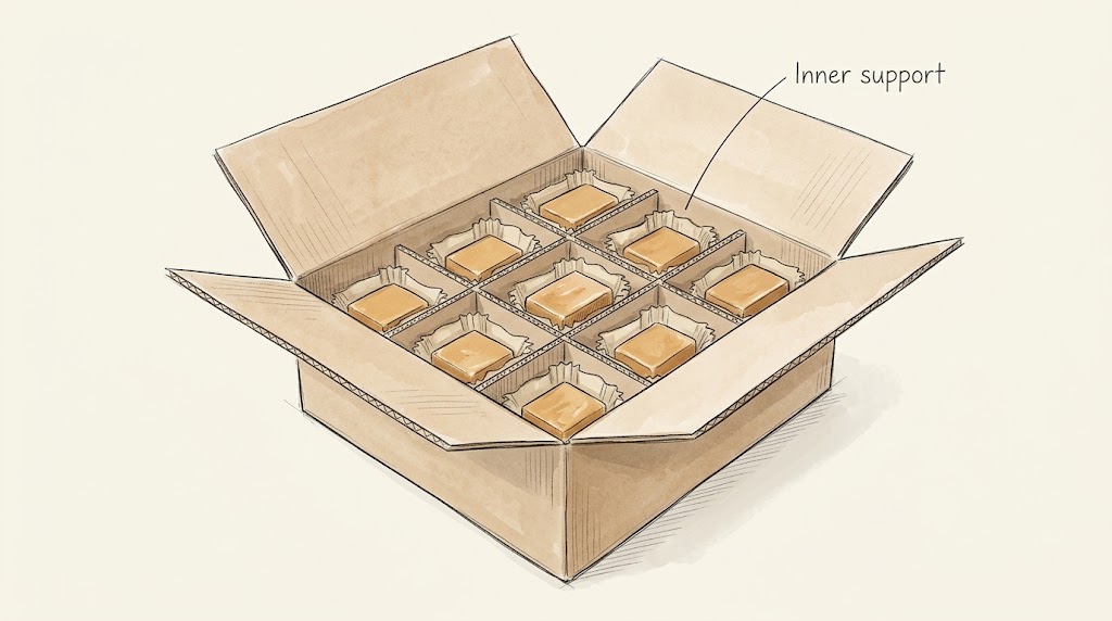 Illustrative fudge portions with inner support inside a shipping carton.