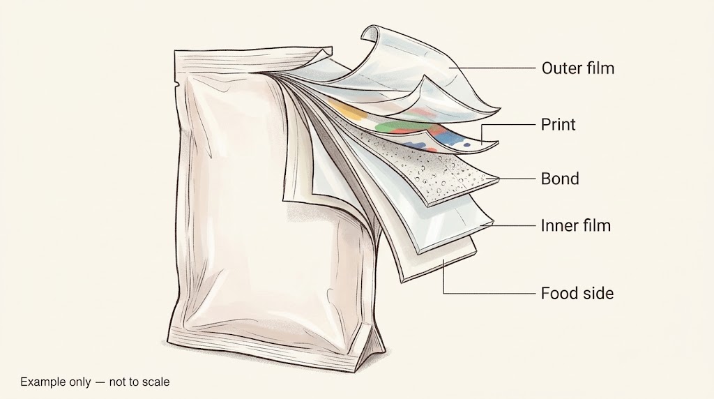 Illustrative reverse-printed laminate with outer film, print, bond, and inner film.
