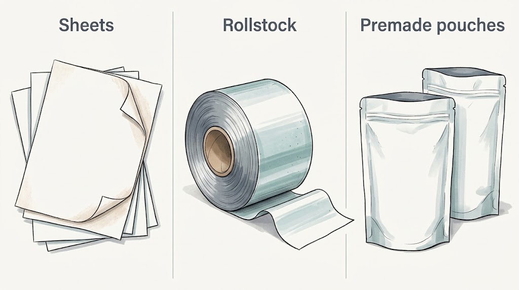 Illustrative comparison of wrapper sheets, rollstock, and premade pouches.
