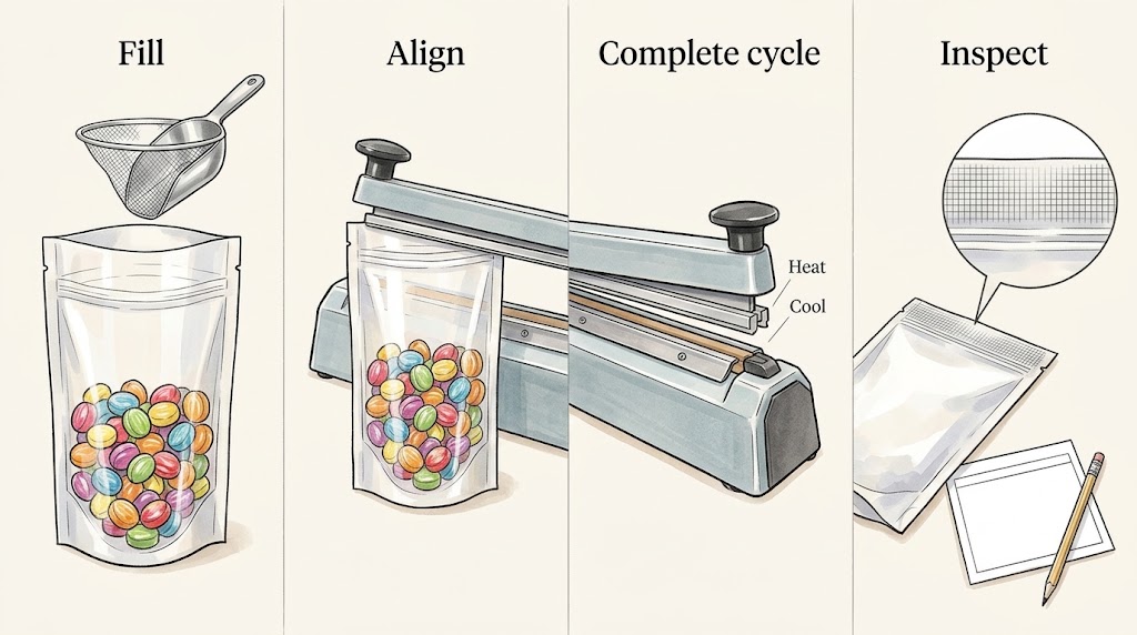 Illustrative sequence of filling, alignment, sealing cycle, and inspection.