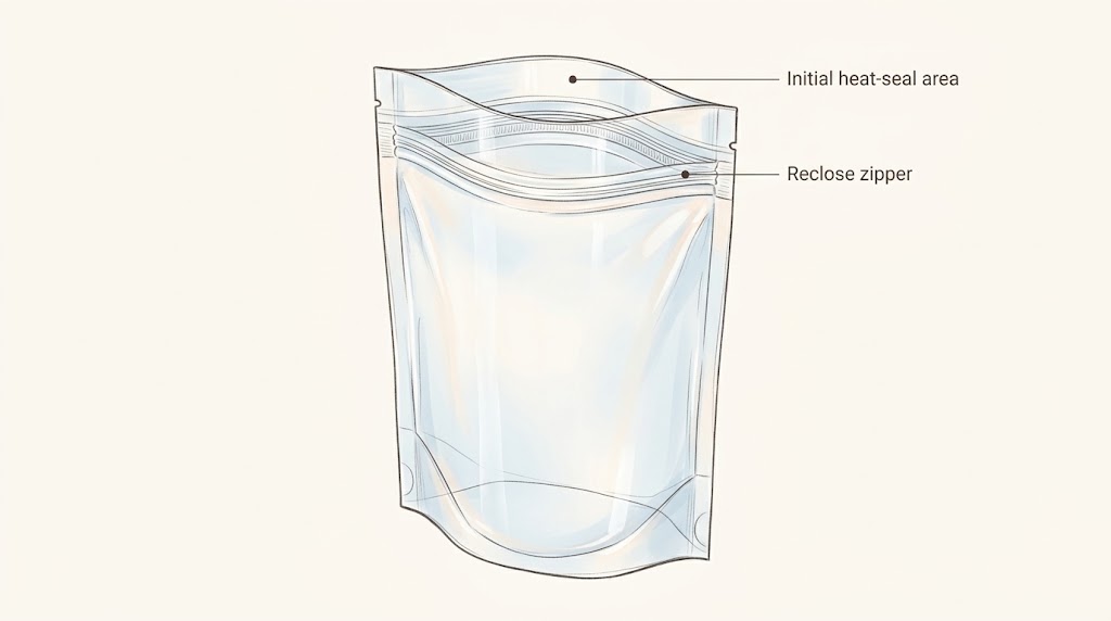 Illustrative layout showing separate initial heat-seal, opening, and reclosable-zipper positions.