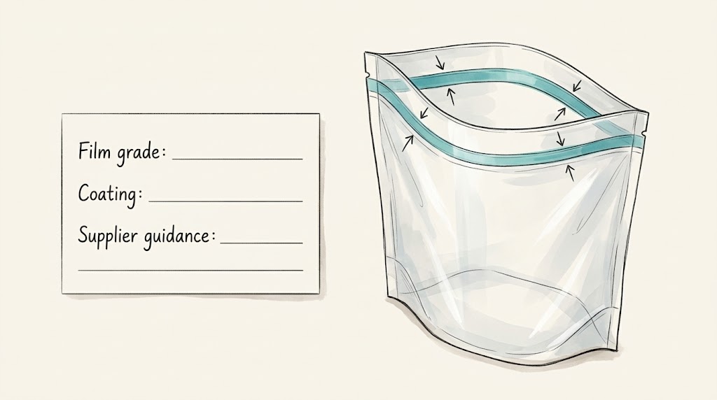 Illustrative view of opposing inner surfaces at a bag opening beside a material-information card.