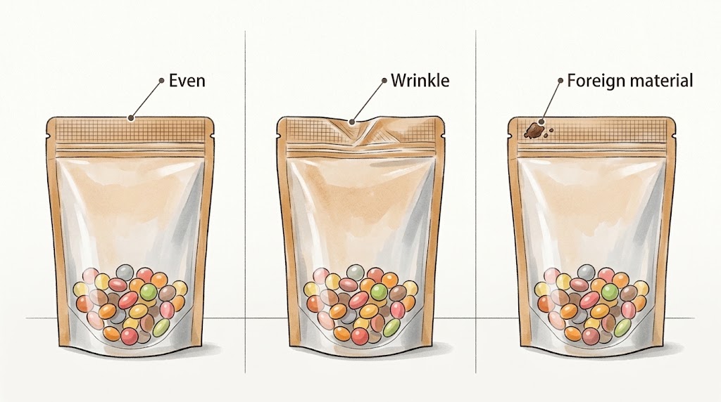 Illustrative comparison of seal appearance, wrinkle, and trapped material.