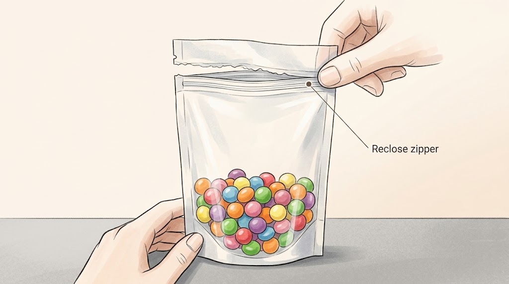 Illustrative steps for aligning and closing a press-to-close pouch closure after opening.