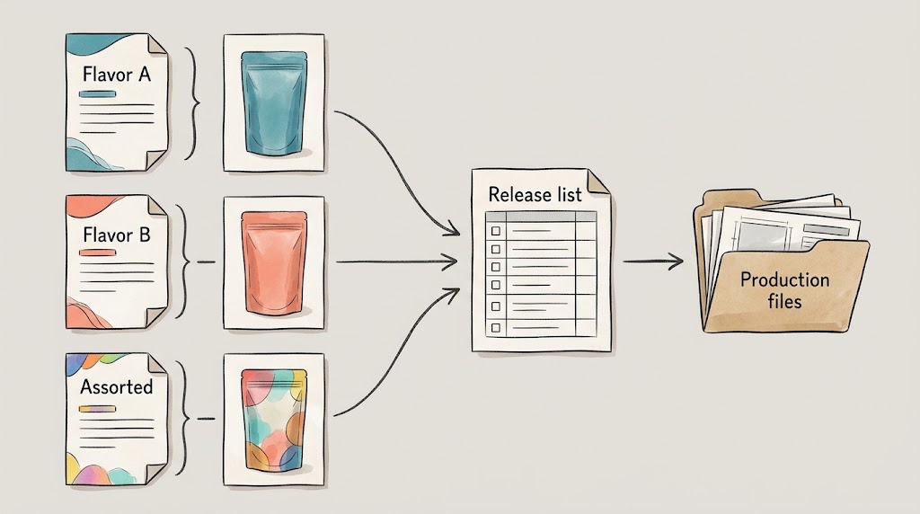 Illustrative workflow connecting artwork versions and proofs to a release list.