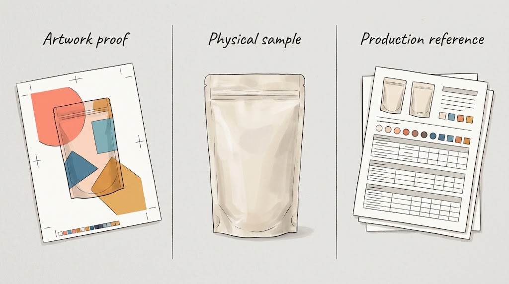 Illustrative comparison of artwork proof, physical sample, and production reference.