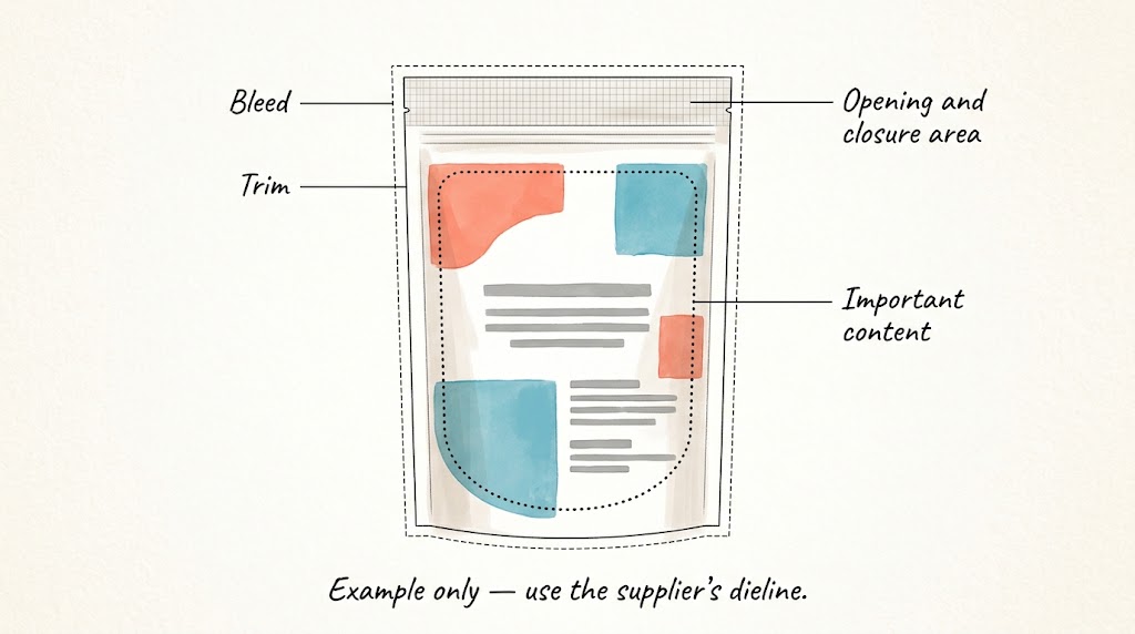 Illustrative pouch layout showing bleed, trim, and important-content zones.