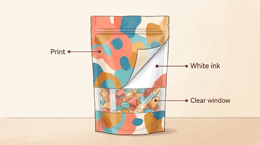 Illustrative pouch design showing print, white ink, and a clear window.