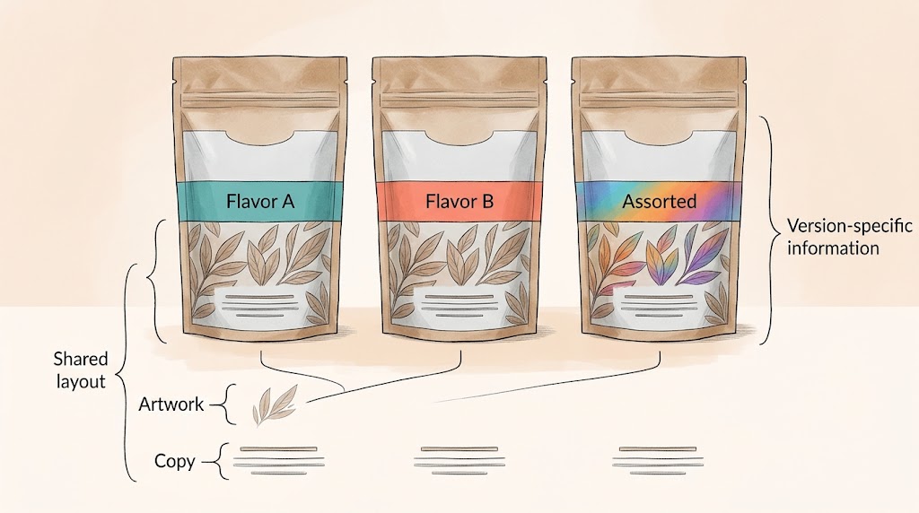 Illustrative candy-range brief separating shared layout and version-specific information.