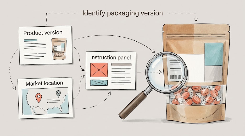 Illustrative check of a package version, location, and disposal instruction.