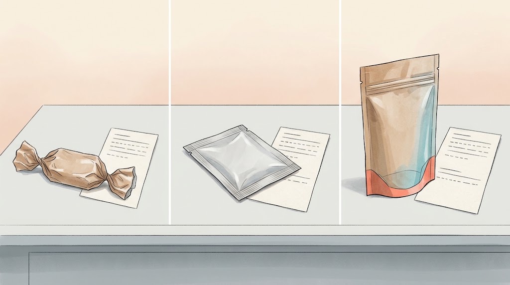 Illustrative diagram of distinct candy-packaging components for separate disposal checks.