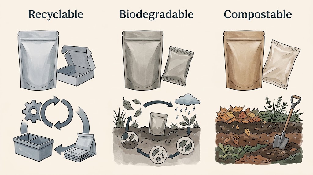 Illustrative comparison of recycling route, material origin, and composting conditions.