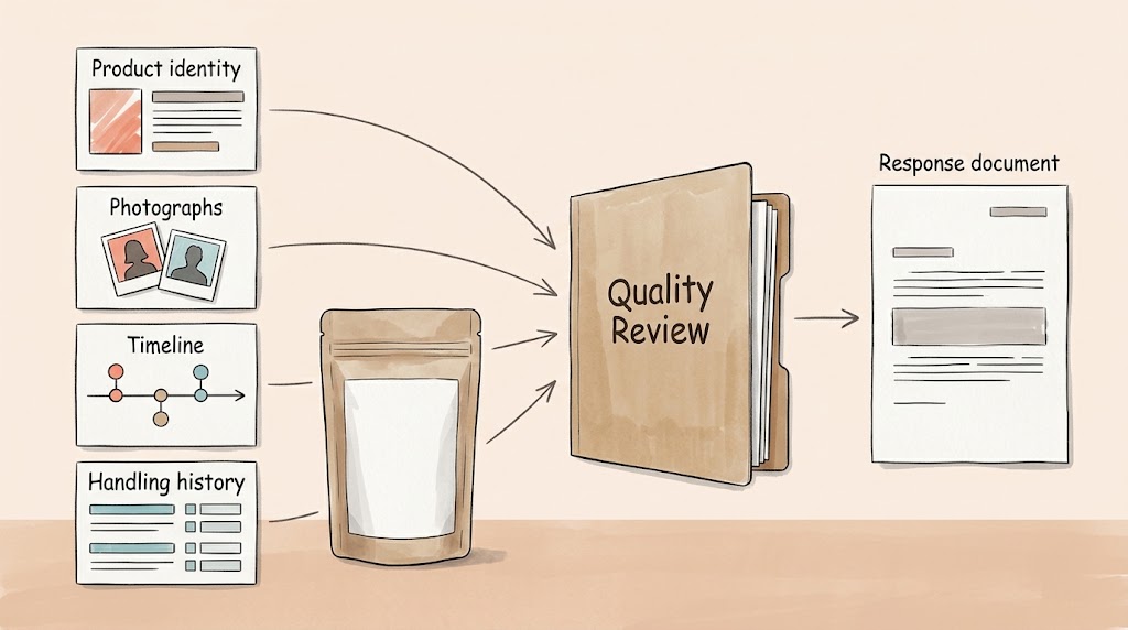 Illustrative group of identity, photographs, timeline, and handling records for quality review.