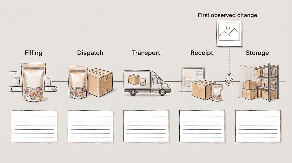 Illustrative timeline of filling, dispatch, transport, receipt, and storage records.