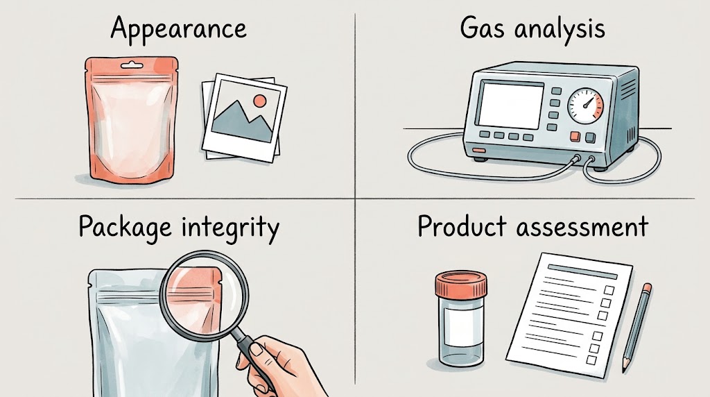Illustrative diagram separating appearance, gas analysis, integrity, and product assessment.