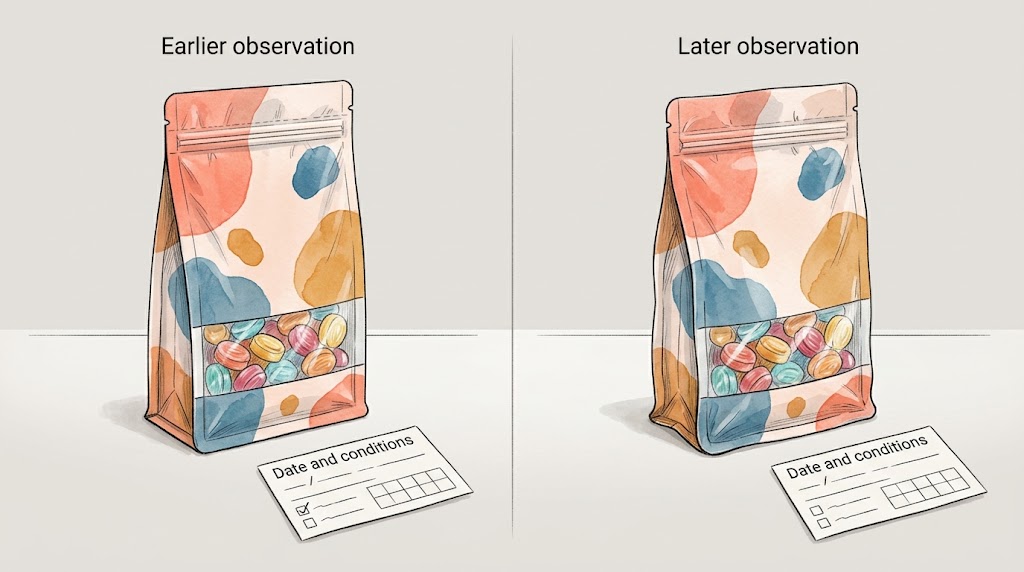 Illustrative record of two consistently positioned candy-pouch observations.