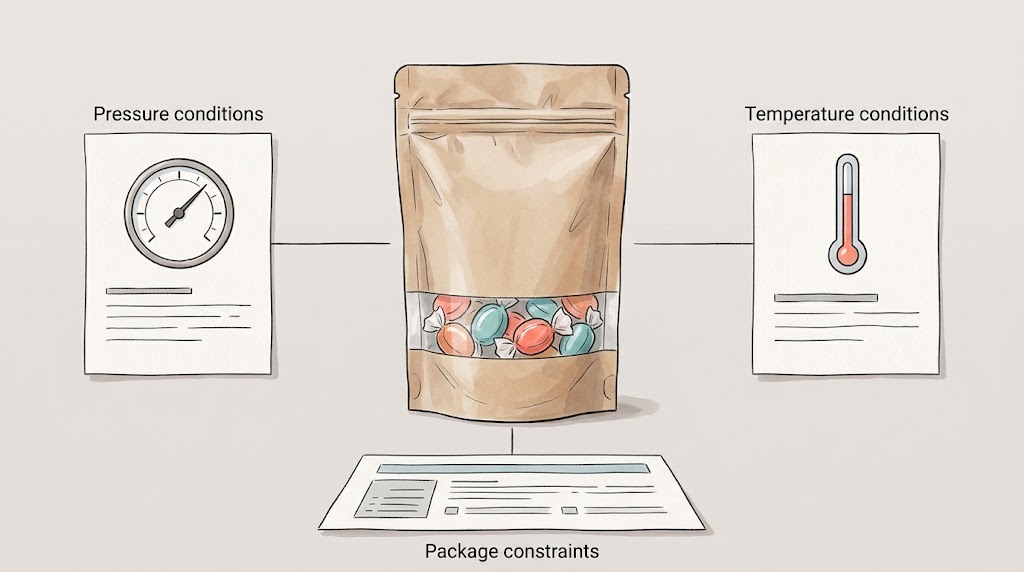 Illustrative concept linking a pouch to separate pressure and temperature conditions.
