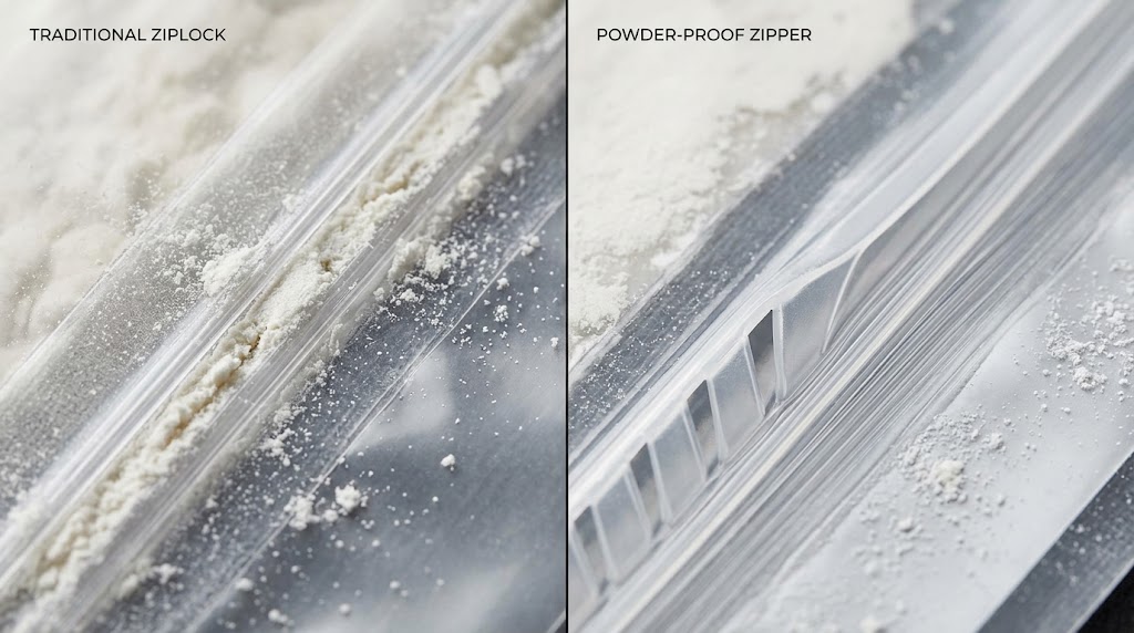 Powder-Proof Zipper vs Clogged Ziplock comparison