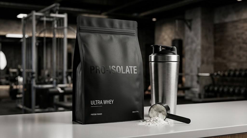 Premium matte black protein powder packaging bag on gym counter