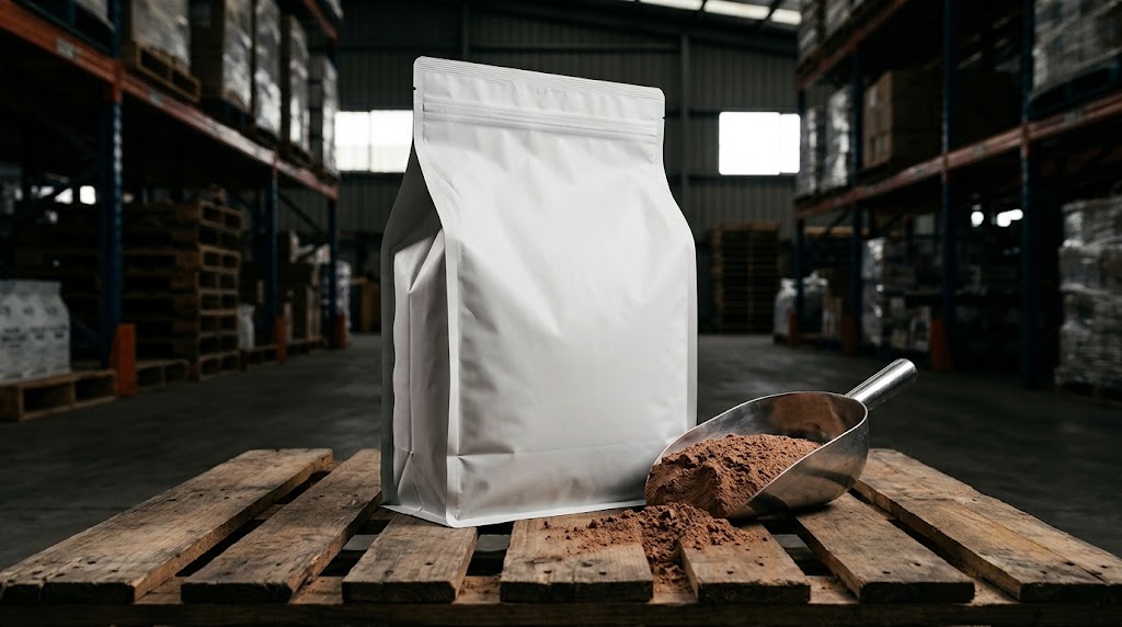 Large 5kg flat bottom protein powder packaging bag with scoop in warehouse