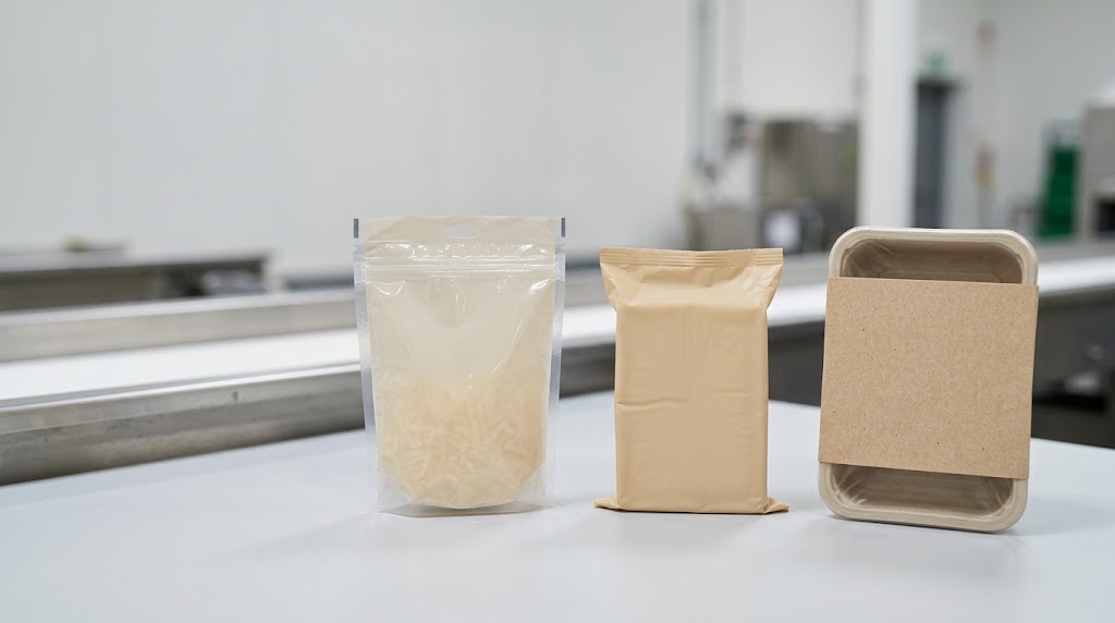 Different cheese packaging formats arranged for a material and collection review