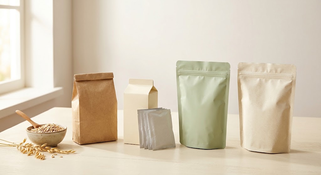 Four illustrative oatmeal packaging formats representing paper bags, instant sachets, PE pouches and compostable designs