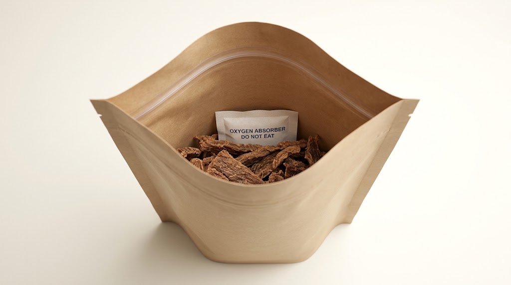 Conceptual open-pouch view showing an intact absorber sachet below the closure area with clear space for the final top seal.