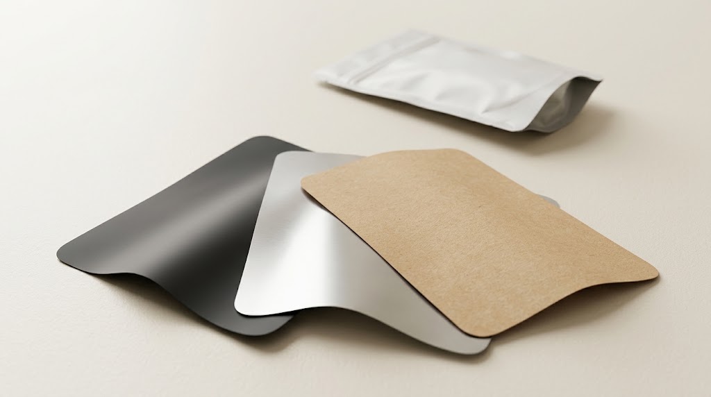 Illustrative opaque metallized, foil-lined and kraft-laminated pouch material samples on a neutral workbench.