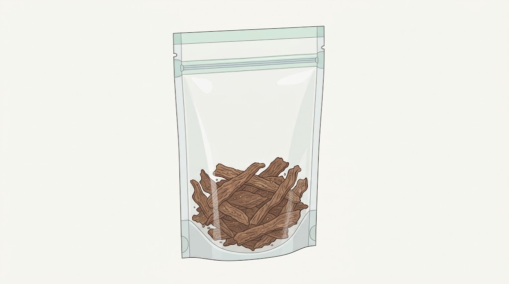 Conceptual illustration separating the jerky fill area, internal zipper and top heat-seal band.