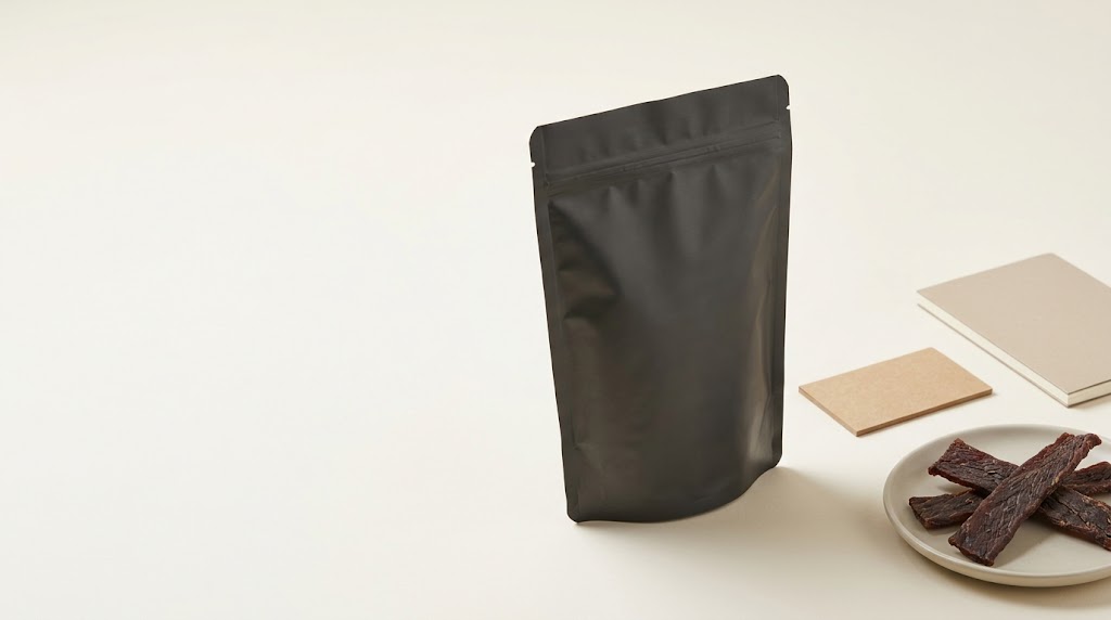 Illustrative sealed beef jerky pouches arranged for storage beside a small serving of jerky.